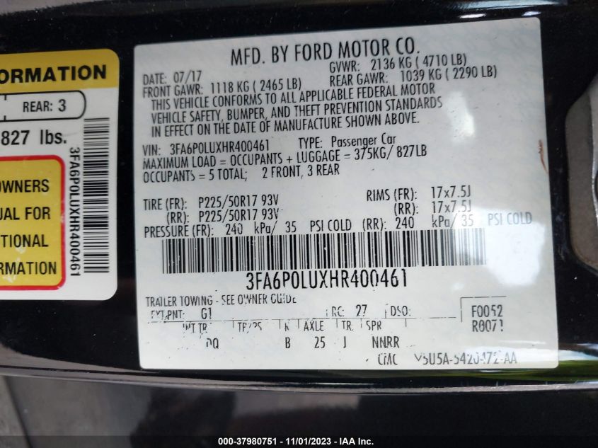 2017 Ford Fusion Hybrid Se VIN: 3FA6P0LUXHR400461 Lot: 37980751