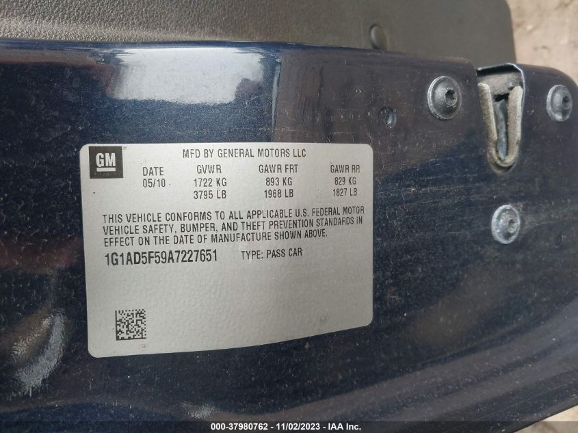 2010 Chevrolet Cobalt Lt VIN: 1G1AD5F59A7227651 Lot: 37980762