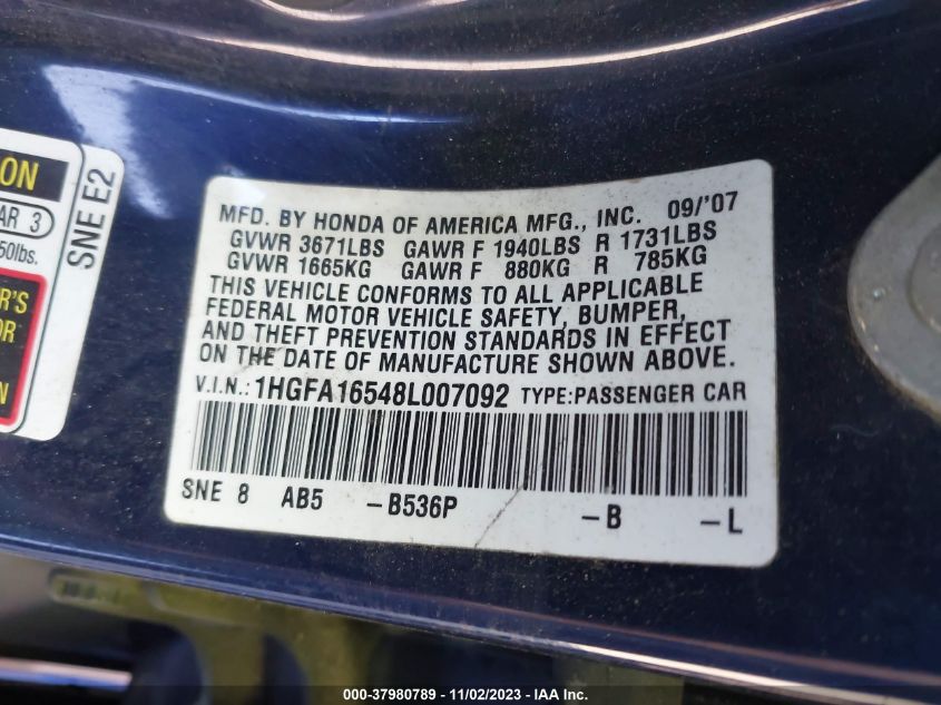 2008 Honda Civic Lx VIN: 1HGFA16548L007092 Lot: 37980789