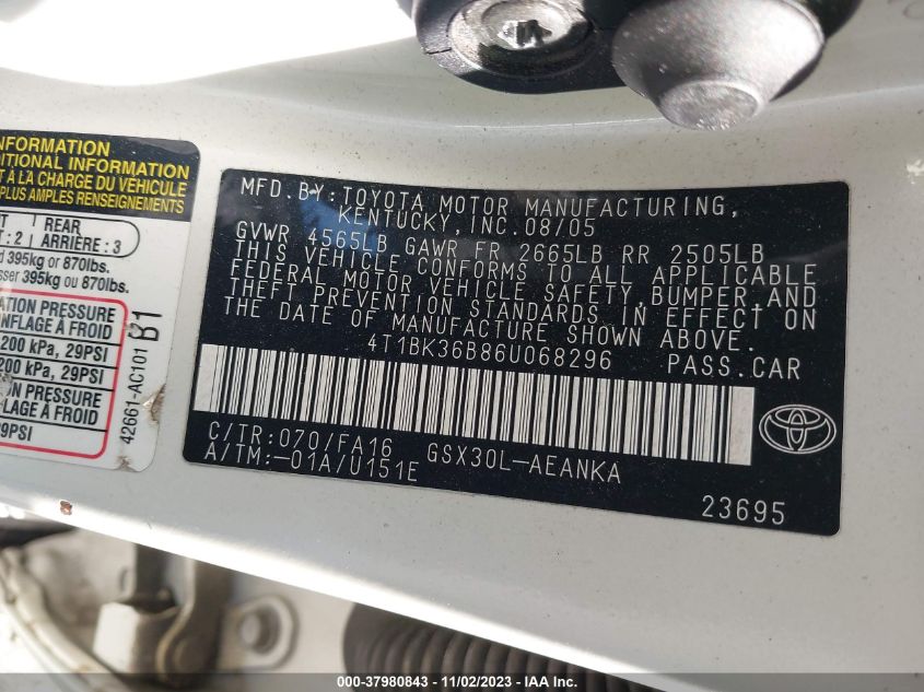 2006 Toyota Avalon Xl VIN: 4T1BK36B86U068296 Lot: 37980843