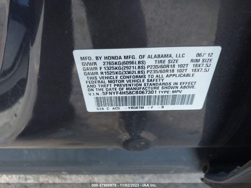 2012 Honda Pilot Ex-L VIN: 5FNYF4H58CB067301 Lot: 37980978