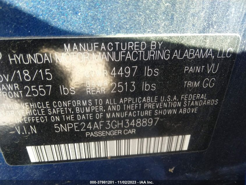 2016 Hyundai Sonata 2.4L Se VIN: 5NPE24AF3GH348897 Lot: 37981201