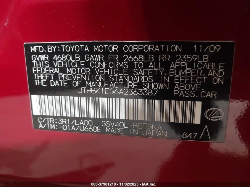 2010 Lexus Es 350 VIN: JTHBK1EG6A2363387 Lot: 37981210