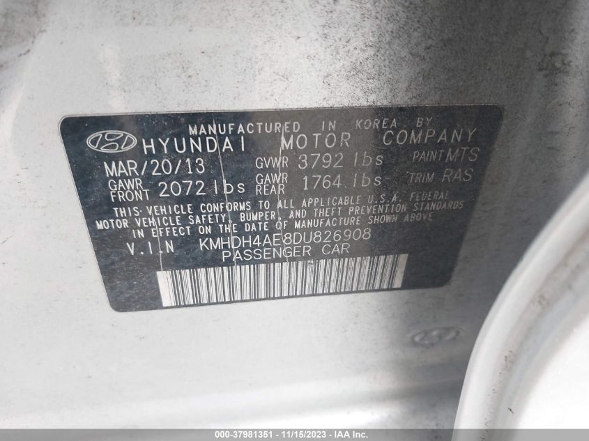 2013 Hyundai Elantra Gls (Ulsan Plant) VIN: KMHDH4AE8DU826908 Lot: 37981351