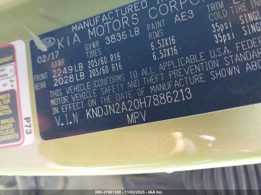 2017 Kia Soul Base VIN: KNDJN2A20H7886213 Lot: 37981380