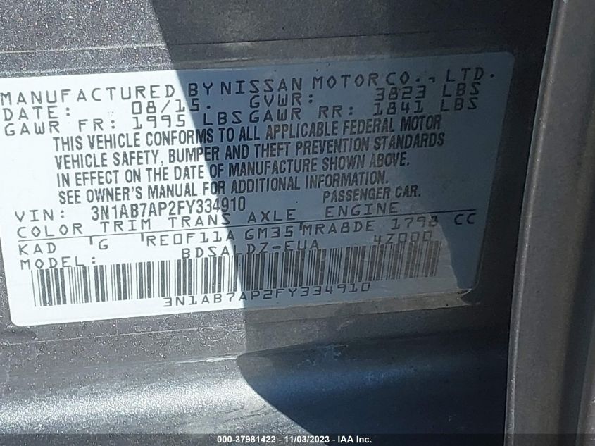 2015 Nissan Sentra Sv VIN: 3N1AB7AP2FY334910 Lot: 37981422