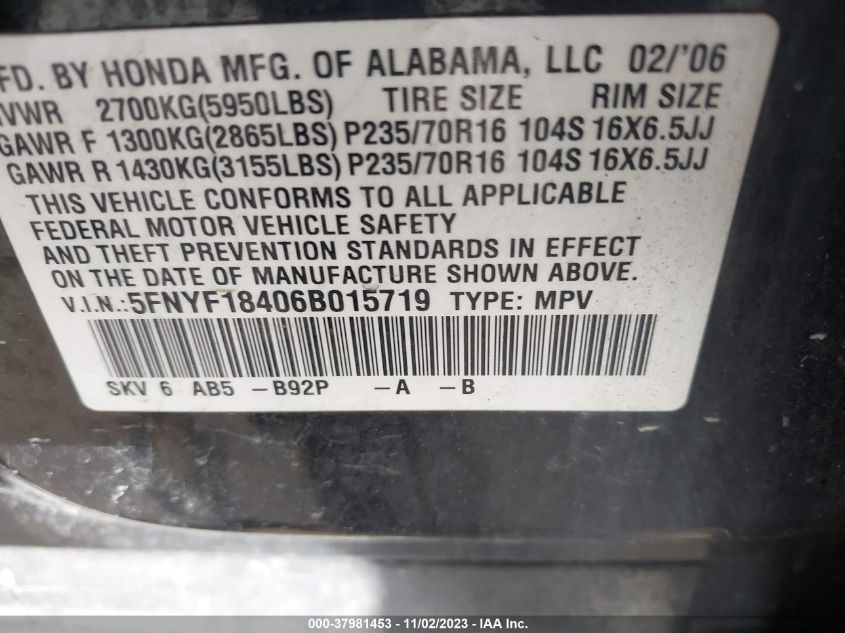 2006 Honda Pilot Ex VIN: 5FNYF18406B015719 Lot: 37981453
