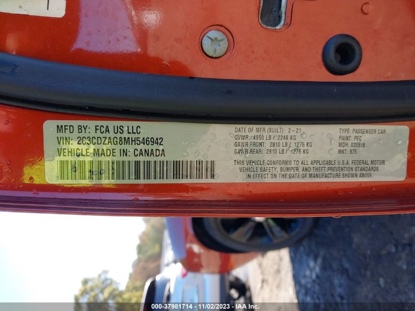 2021 Dodge Challenger Sxt VIN: 2C3CDZAG8MH546942 Lot: 37981714