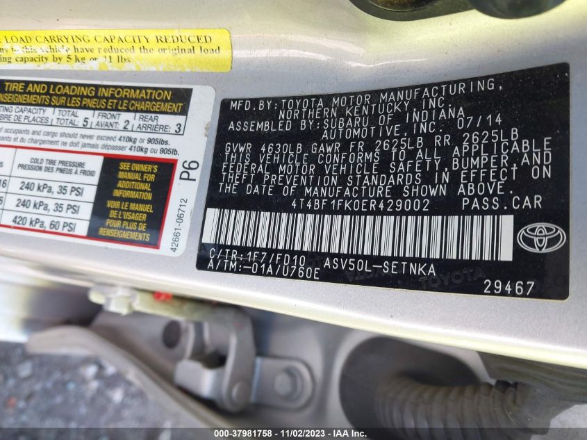 2014 Toyota Camry Le VIN: 4T4BF1FK0ER429002 Lot: 42016972