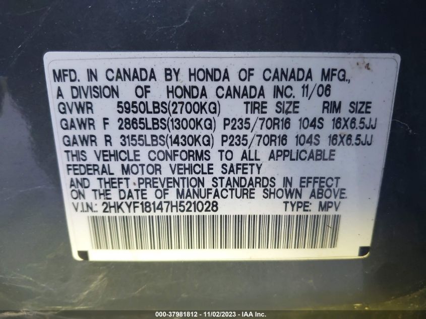 2007 Honda Pilot Lx VIN: 2HKYF18147H521028 Lot: 37981812