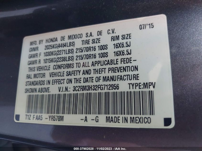 2015 Honda Cr-V Lx VIN: 3CZRM3H32FG712956 Lot: 37982028