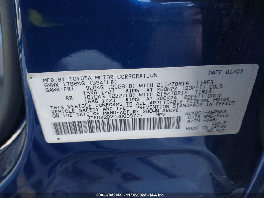 2003 Toyota Rav4 VIN: JTEGH20V030099773 Lot: 37982059