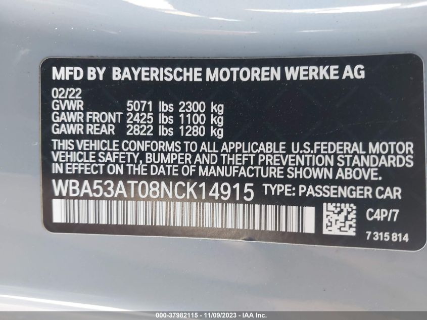 2022 BMW 4 Series M440I VIN: WBA53AT08NCK14915 Lot: 37982115