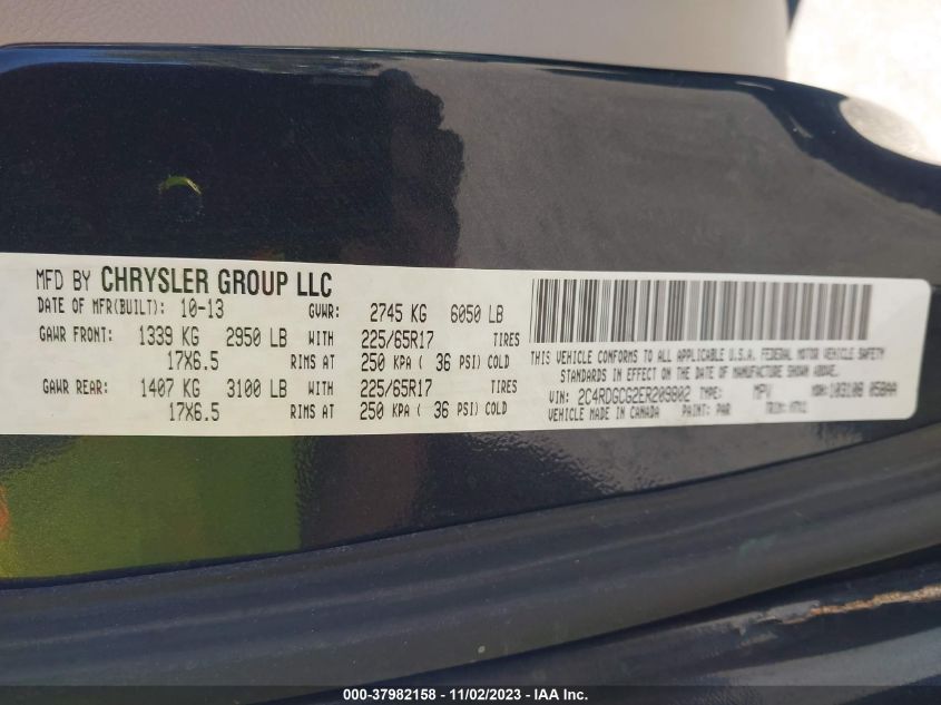 2014 Dodge Grand Caravan Sxt VIN: 2C4RDGCG2ER209802 Lot: 37982158