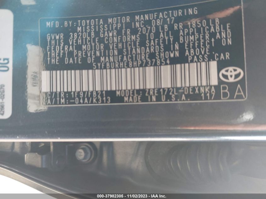 2017 Toyota Corolla L/Le/Xle/Se VIN: 5YFBURHE8HP737854 Lot: 37982305