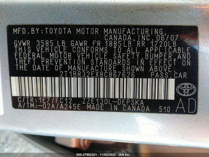 2008 Toyota Corolla S VIN: 2T1BR32EX8C867626 Lot: 37982321