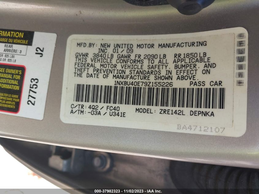 2009 Toyota Corolla Xle VIN: 1NXBU40E79Z155226 Lot: 37982323