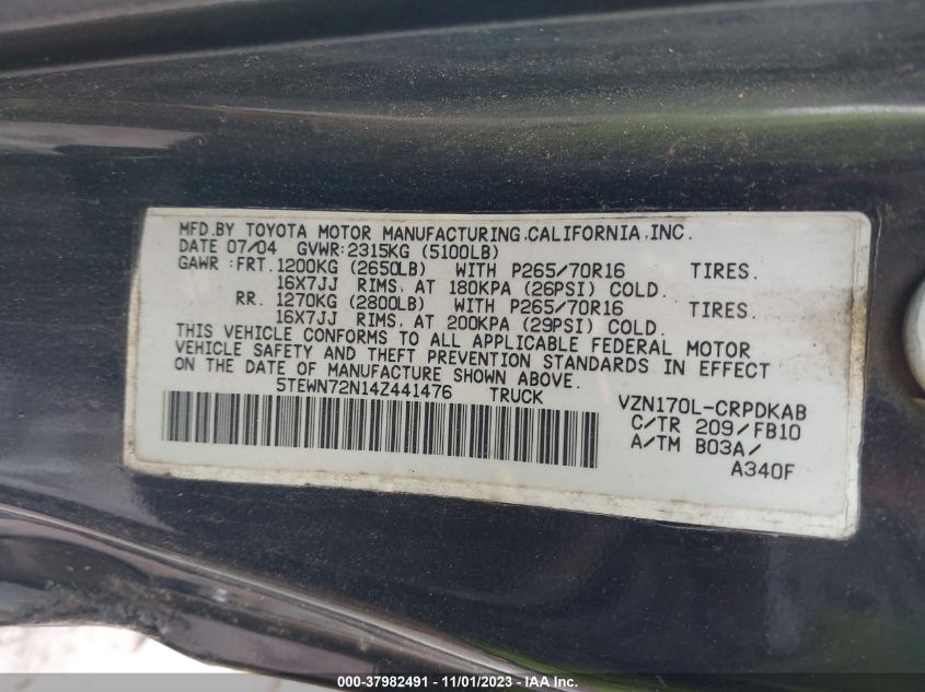 2004 Toyota Tacoma Base V6 VIN: 5TEWN72N14Z441476 Lot: 37982491