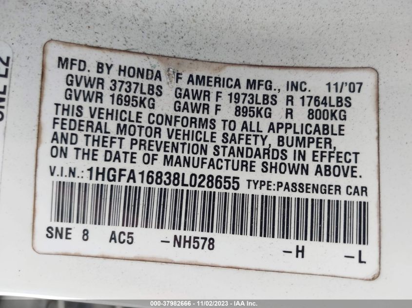 2008 Honda Civic Ex VIN: 1HGFA16838L028655 Lot: 37982666