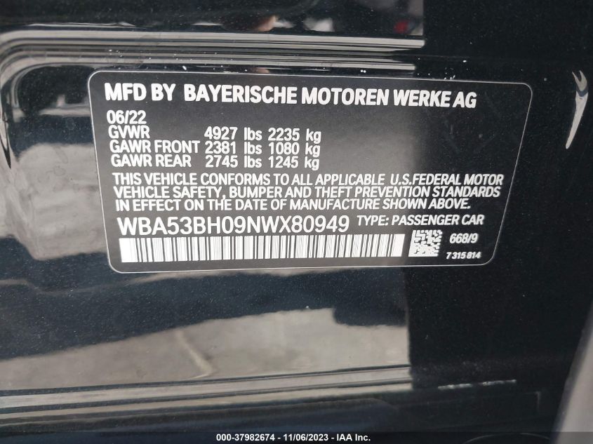 2022 BMW 5 Series 530I VIN: WBA53BH09NWX80949 Lot: 37982674