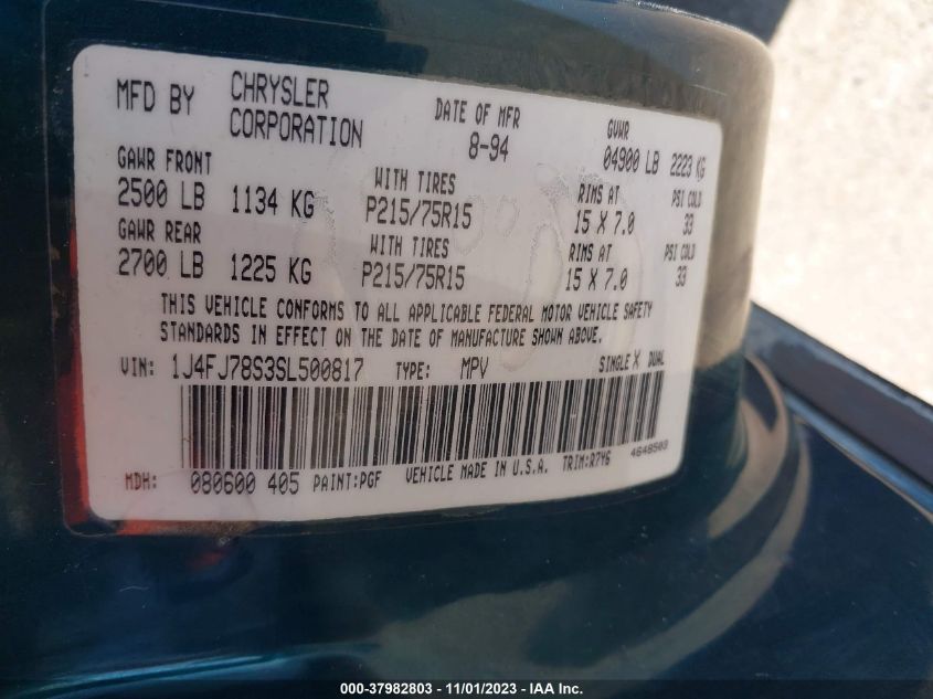 1995 Jeep Cherokee Country VIN: 1J4FJ78S3SL500817 Lot: 37982803
