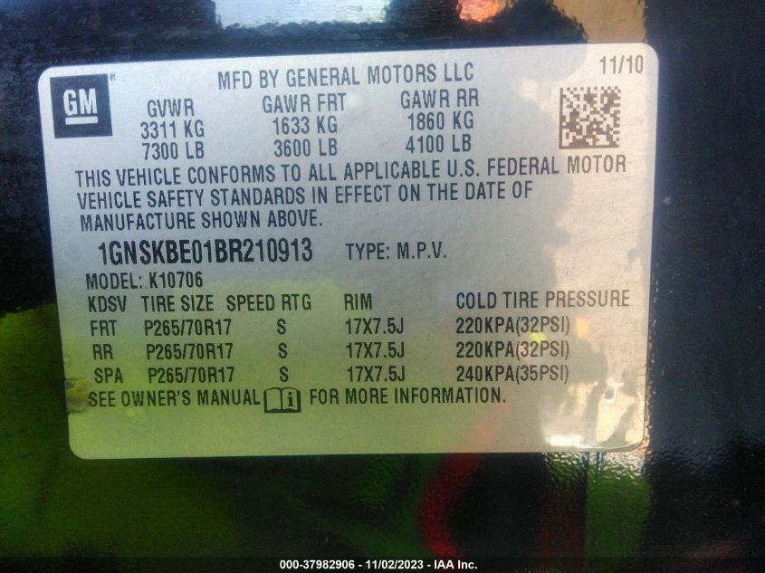 2011 Chevrolet Tahoe Lt VIN: 1GNSKBE01BR210913 Lot: 37982906