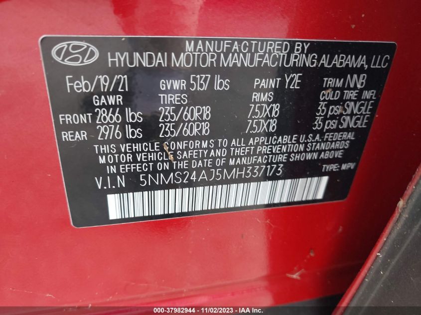 2021 Hyundai Santa Fe Sel VIN: 5NMS24AJ5MH337173 Lot: 37982944