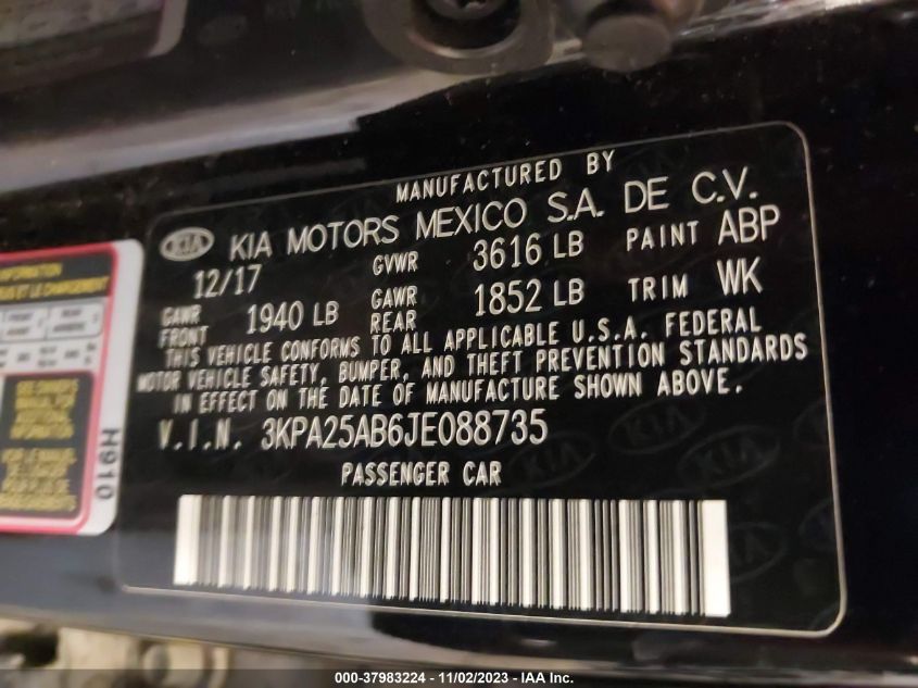 2018 Kia Rio Lx VIN: 3KPA25AB6JE088735 Lot: 37983224