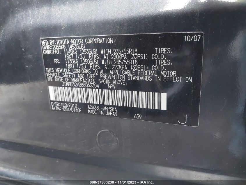 2008 Toyota Rav4 Sport VIN: JTMBD32V386063304 Lot: 37983230