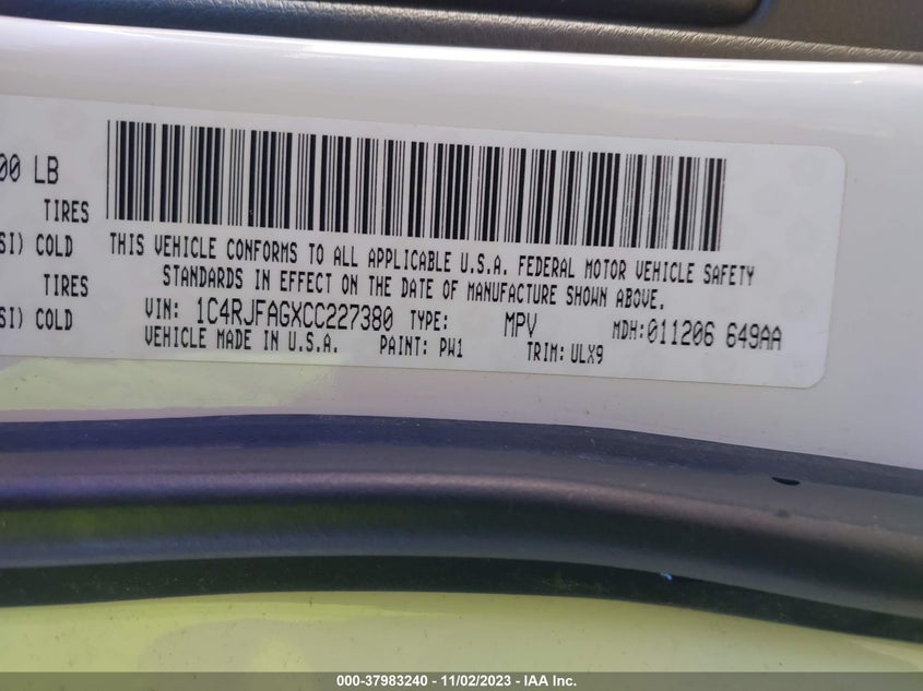 2012 Jeep Grand Cherokee Laredo VIN: 1C4RJFAGXCC227380 Lot: 37983240