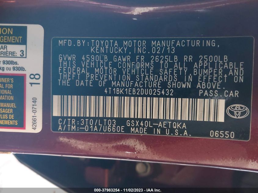 2013 Toyota Avalon Xle/Limited VIN: 4T1BK1EB2DU025432 Lot: 37983254