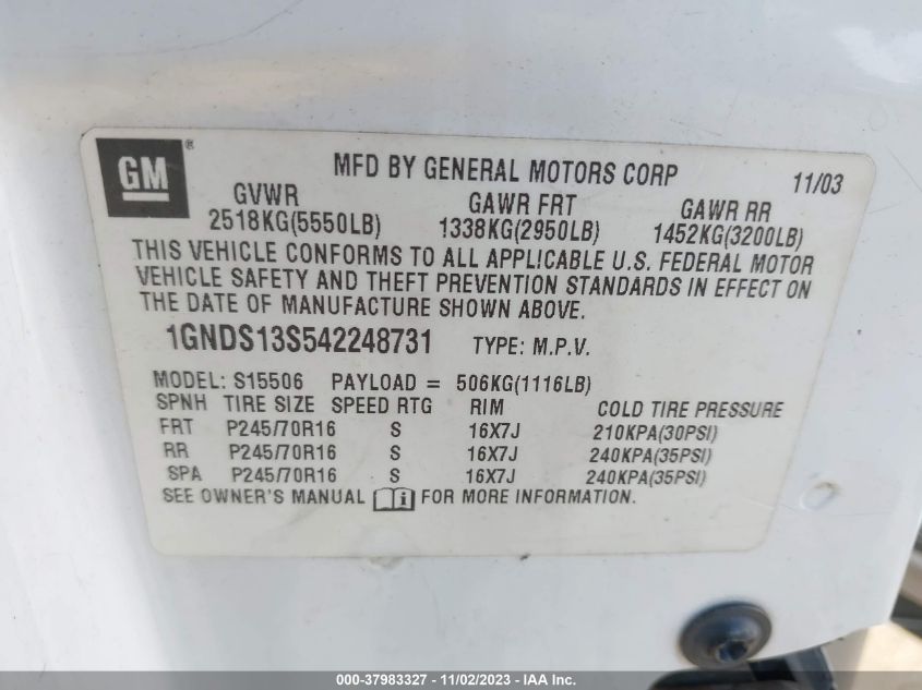 2004 Chevrolet Trailblazer Ls VIN: 1GNDS13S542248731 Lot: 37983327