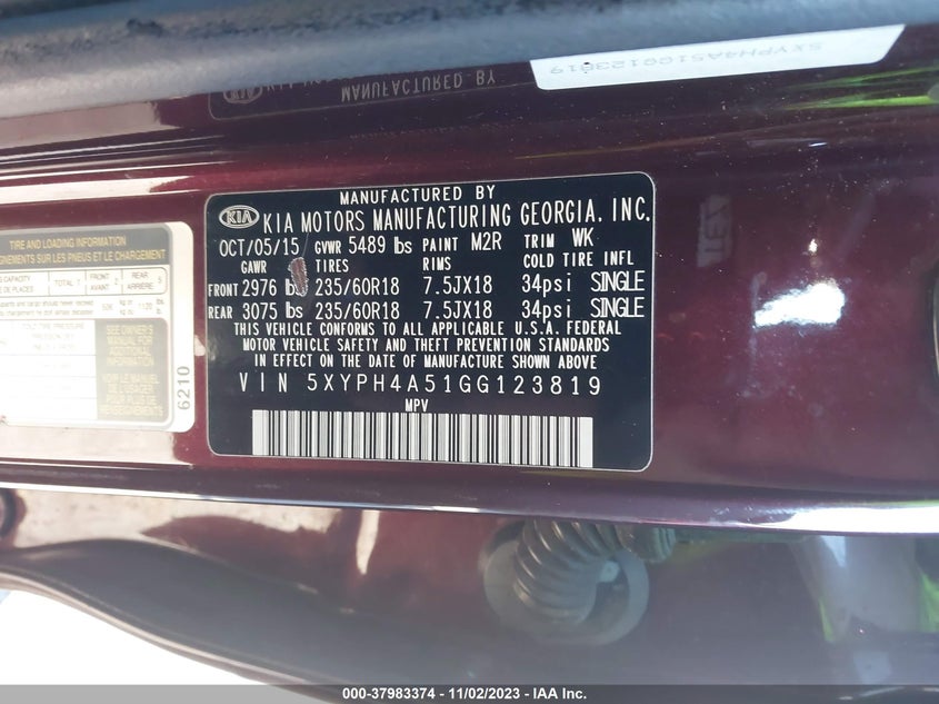 2016 Kia Sorento 3.3L Ex VIN: 5XYPH4A51GG123819 Lot: 37983374