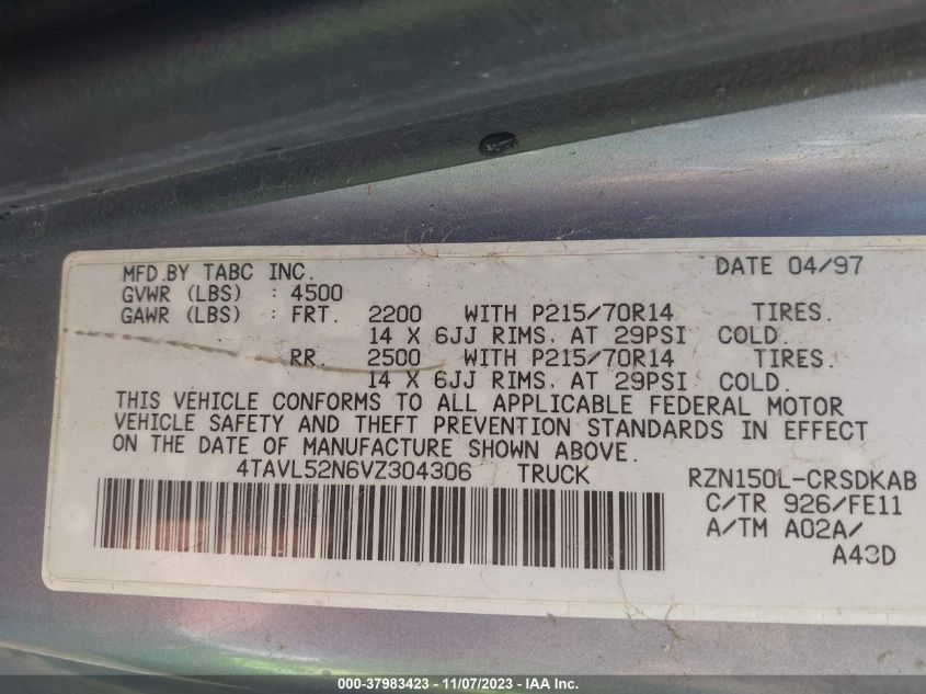 1997 Toyota Tacoma Base (A4)/Base (M5) VIN: 4TAVL52N6VZ304306 Lot: 37983423