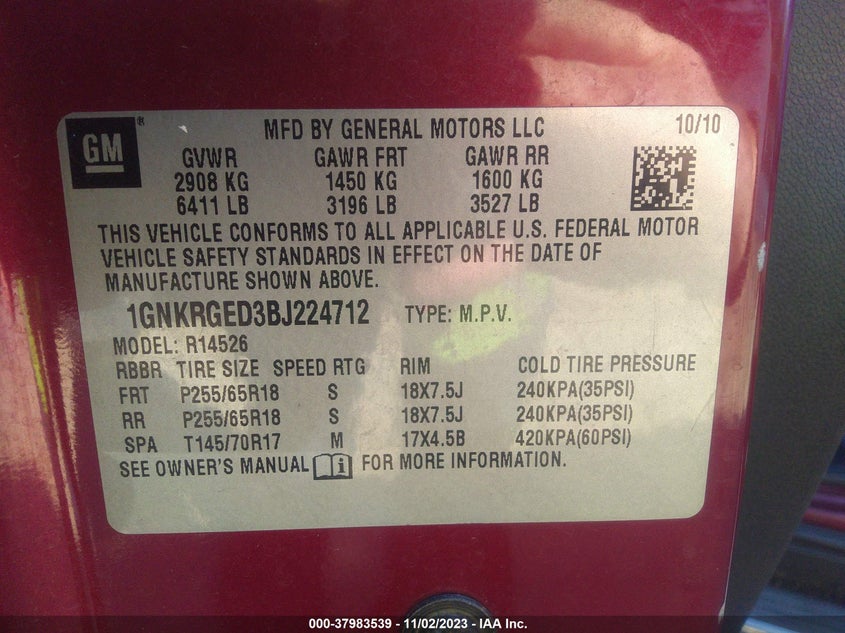 2011 Chevrolet Traverse 1Lt VIN: 1GNKRGED3BJ224712 Lot: 37983539