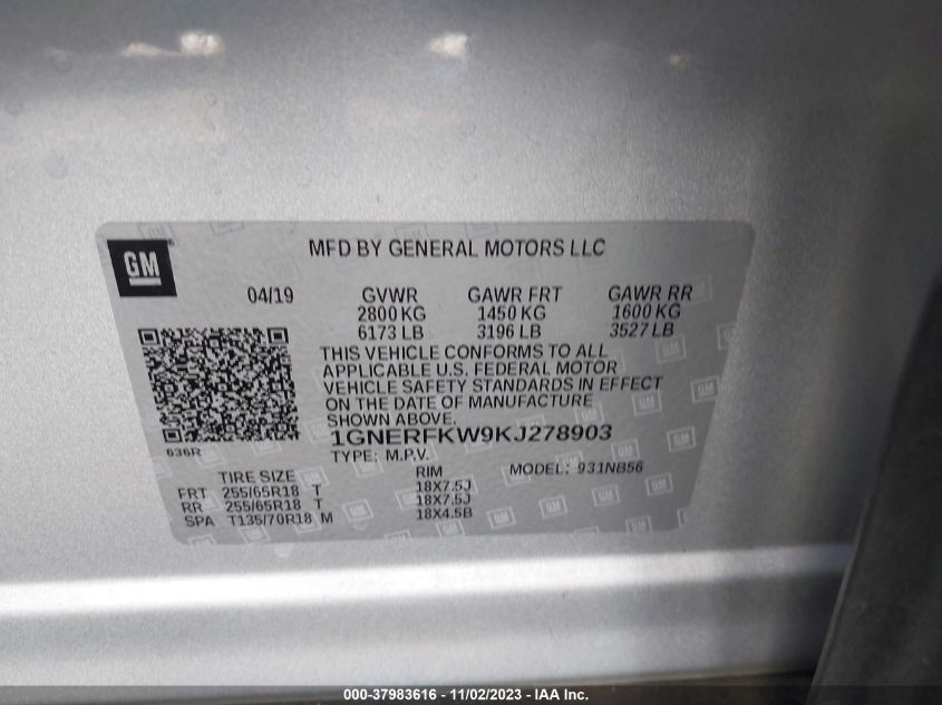 2019 Chevrolet Traverse Ls VIN: 1GNERFKW9KJ278903 Lot: 37983616