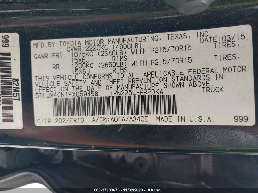 2015 Toyota Tacoma VIN: 5TFJX4CN1FX059458 Lot: 37983676