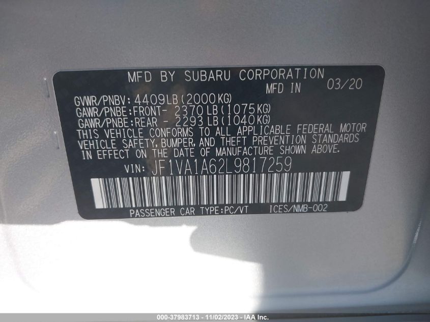 2020 Subaru Wrx VIN: JF1VA1A62L9817259 Lot: 37983713