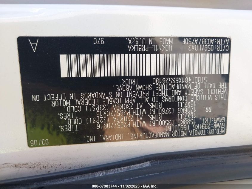 2006 Toyota Tundra Limited V8 VIN: 5TBDT481X6S526180 Lot: 37983744