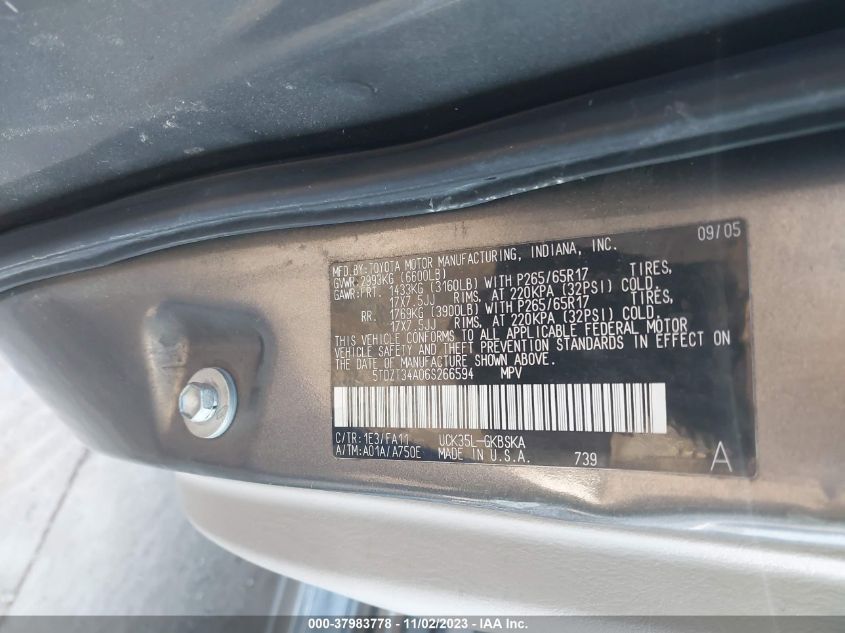 2006 Toyota Sequoia Sr5 VIN: 5TDZT34A06S266594 Lot: 37983778