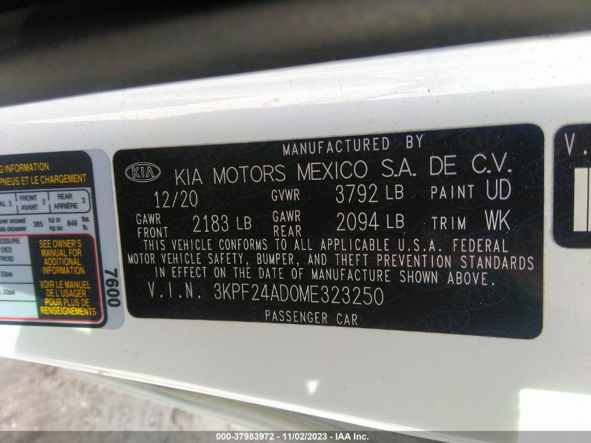 2021 Kia Forte Fe VIN: 3KPF24AD0ME323250 Lot: 37983972