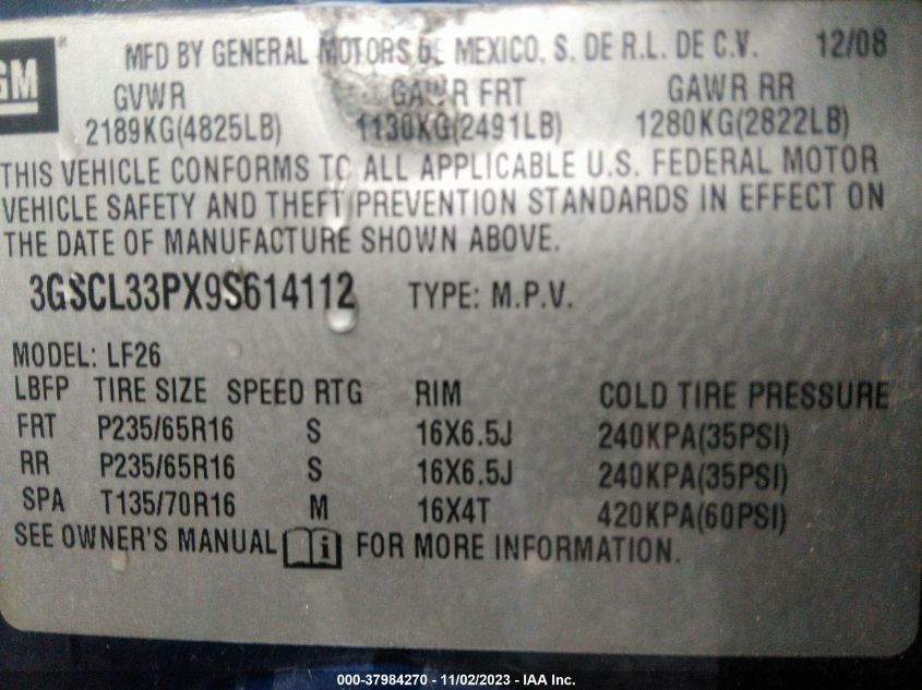2009 Saturn Vue 4-Cyl Xe VIN: 3GSCL33PX9S614112 Lot: 37984270