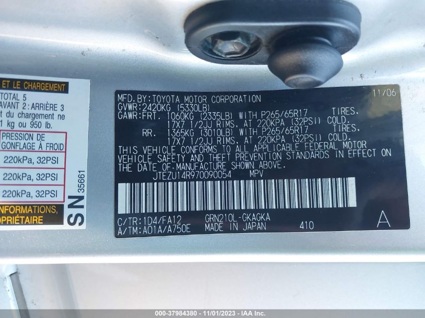 2007 Toyota 4Runner Sr5 V6 VIN: JTEZU14R970090054 Lot: 37984380