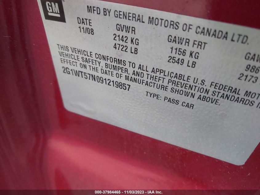 2009 Chevrolet Impala Lt VIN: 2G1WT57N091219857 Lot: 37984465