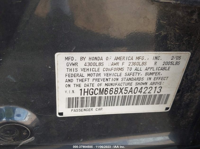 2005 Honda Accord Sdn Ex-L V6 With Navi VIN: 1HGCM668X5A042213 Lot: 37984585