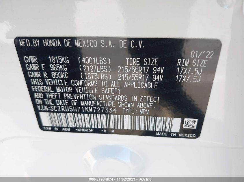 2022 Honda Hr-V 2Wd Ex-L VIN: 3CZRU5H71NM727334 Lot: 37984674