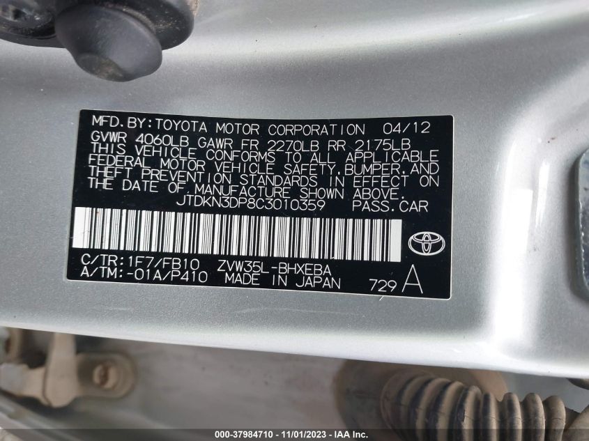 2012 Toyota Prius Plug-In VIN: JTDKN3DP8C3010359 Lot: 37984710