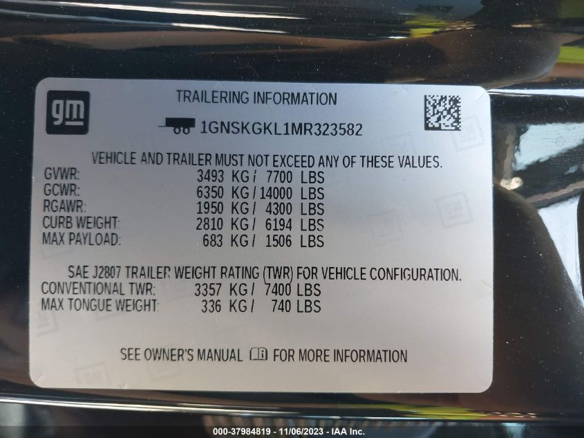 2021 Chevrolet Suburban 4Wd High Country VIN: 1GNSKGKL1MR323582 Lot: 37984819