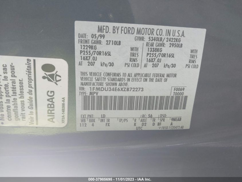 1999 Ford Explorer Eddie Bauer/Limited/Xlt VIN: 1FMDU34E6XZB72273 Lot: 37985695