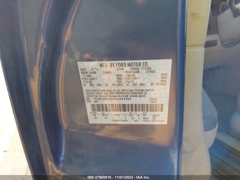 2010 Ford Escape Xlt VIN: 1FMCU9DG3AKA72163 Lot: 37985910